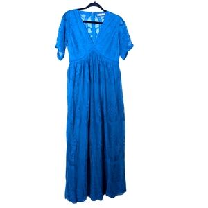 Women's V-Neck Floral Lace  Short Sleeve Long Dress Size L